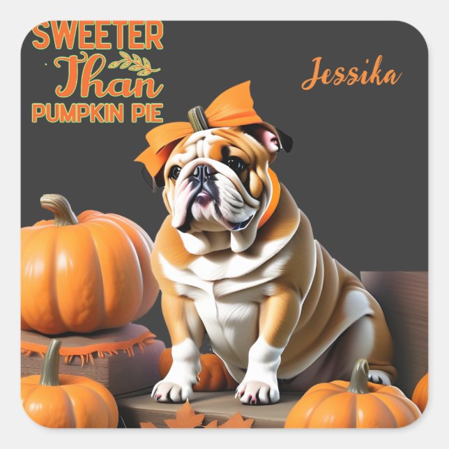 Sticker Carré Pie Citrouille Bulldog customisée Sweet Halloween (Devant)