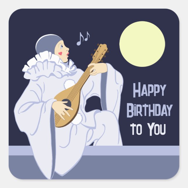 Sticker Carré Pierrot chante clown jouant lute CC1269 anniversai (Devant)