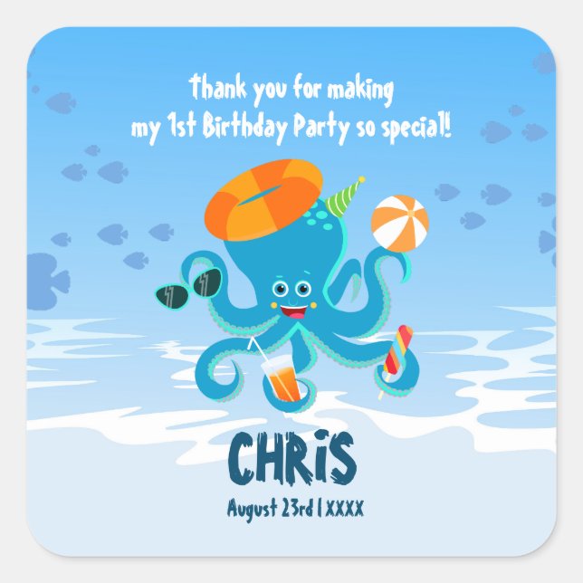 Sticker Carré Pieuvre bleue sous la mer Boy fête d'anniversaire (Devant)