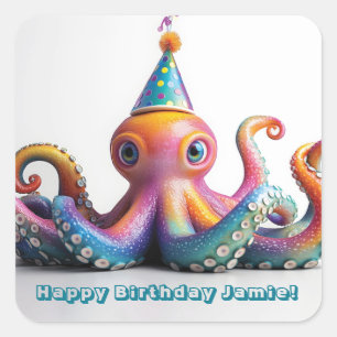Sticker Carré Pieuvre de fête - Jolie conception d'anniversaire