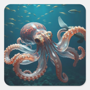 Sticker Carré Pieuvre en forme de verre dans la mer profonde