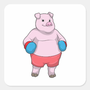 Sticker Carré Pig at Boxing with Boxing gloves