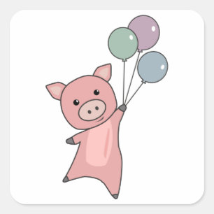 Sticker Carré Pig Piglet Ballons mouches mignons animaux