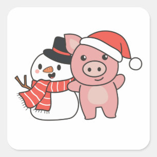 Sticker Carré Pig With Snowman In Winter For Christmas