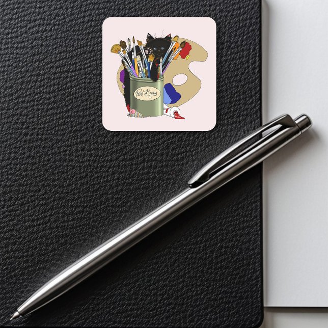 Sticker Carré Pinceaux palette Noir Kitten Artiste (Créateur téléchargé)