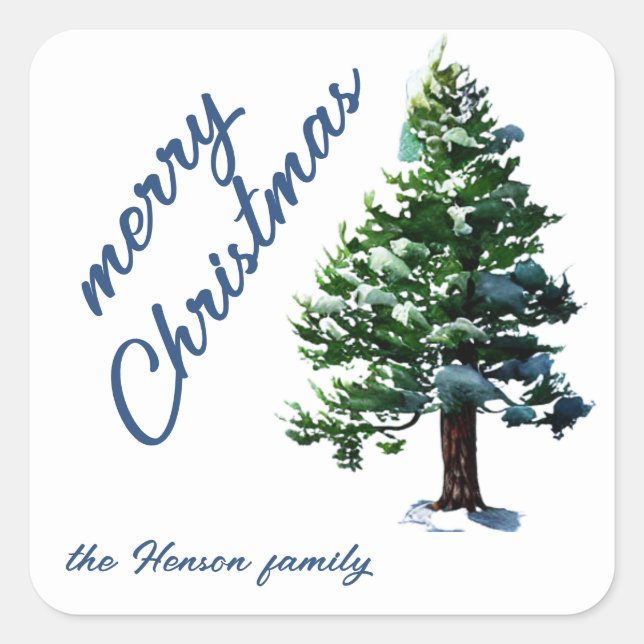 Sticker Carré Pine Arbre avec Aquarelle de neige Peinture Noël (Devant)