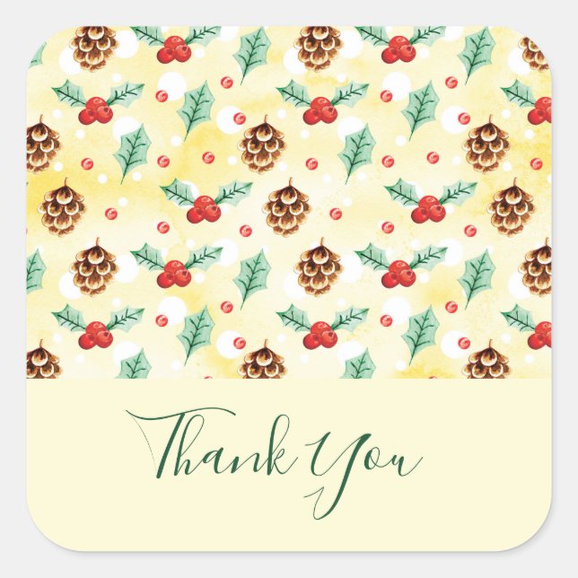 Sticker Carré Pine Cones et Holly Noël Motif Merci (Devant)