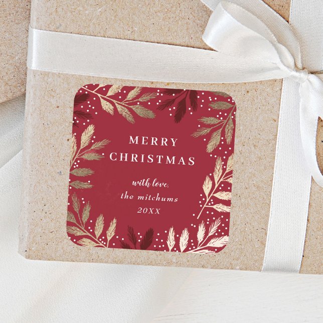 Sticker Carré Pine d'or Branche Rouge Joyeux Noël (Elegant red and gold christmas gift tags.)