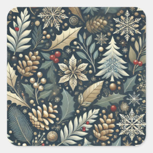 Sticker Carré Pinecone, Holly, Snowflakes & Berries Holiday