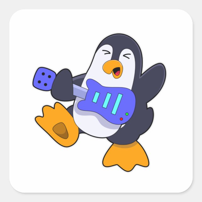 Sticker Carré Pingouin à Musique avec Guitare (Devant)