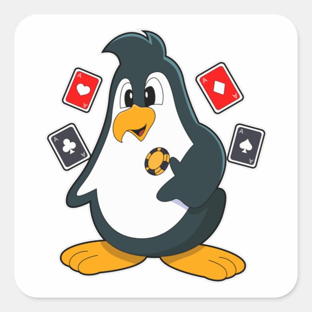 Sticker Carré Pingouin au Poker avec cartes de Poker (Devant)