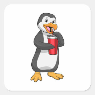 Sticker Carré Pingouin avec tasse à boire avec paille