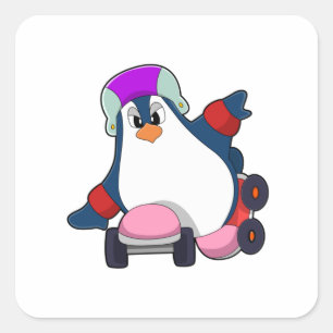 Sticker Carré Pingouin comme Patineur Inline avec Patins Inline