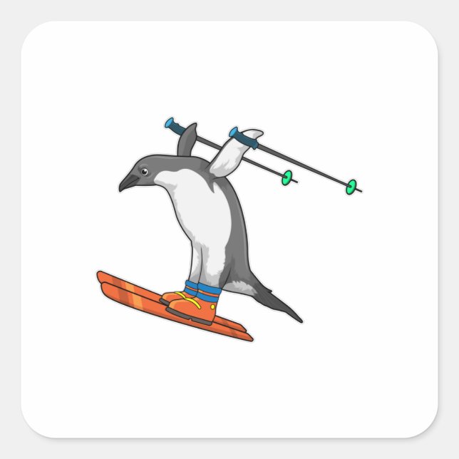 Sticker Carré Pingouin comme Saut à ski avec Ski (Devant)