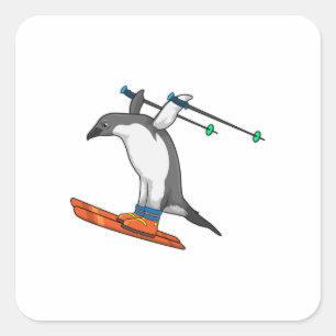 Sticker Carré Pingouin comme Saut à ski avec Ski