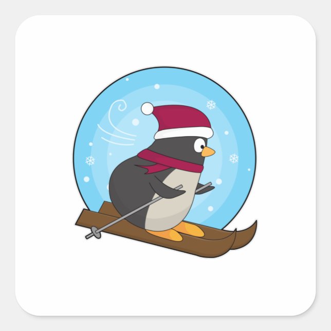 Sticker Carré Pingouin comme skieur avec ski (Devant)