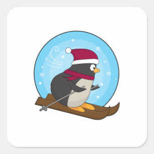 Sticker Carré Pingouin comme skieur avec ski