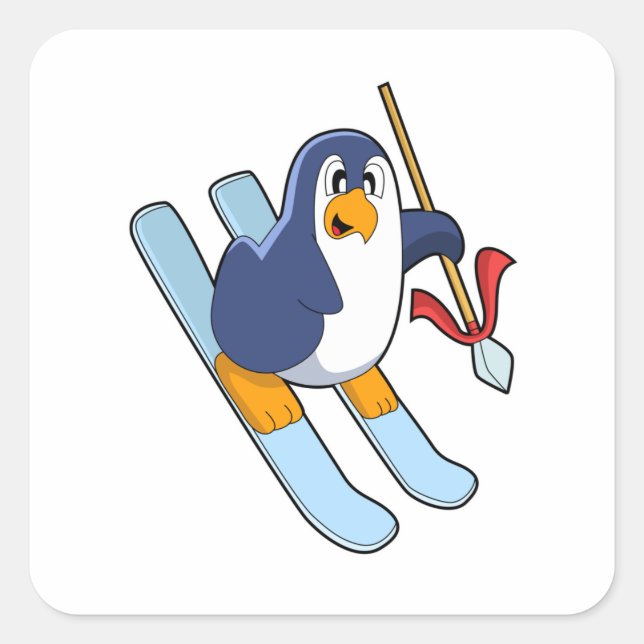 Sticker Carré Pingouin comme skieur avec ski (Devant)
