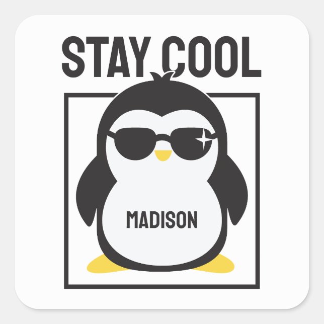 Sticker Carré Pingouin cool de nom personnalisé (Devant)