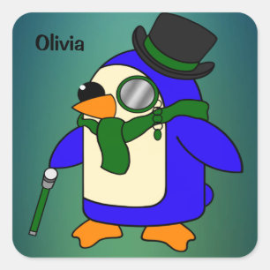 Sticker Carré Pingouin de dessin mignon turquoise vert émeraude 