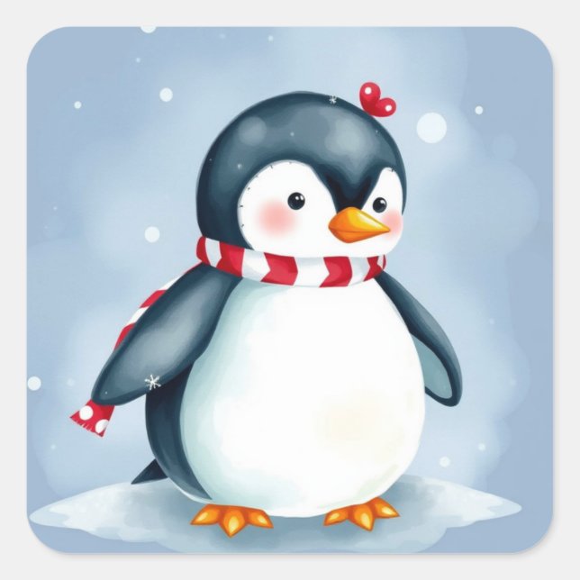 Sticker Carré Pingouin de Noël à l'aquarelle mignonne avec Échar (Devant)