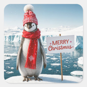 Sticker Carré Pingouin De Noël Sur Un Iceberg