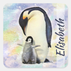 Sticker Carré Pingouin d'empereur avec l'aquarelle de poussin de