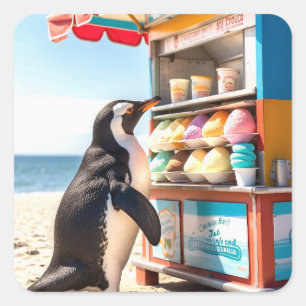 Sticker Carré Pingouin D'Été Au Stand De Crème De Glace