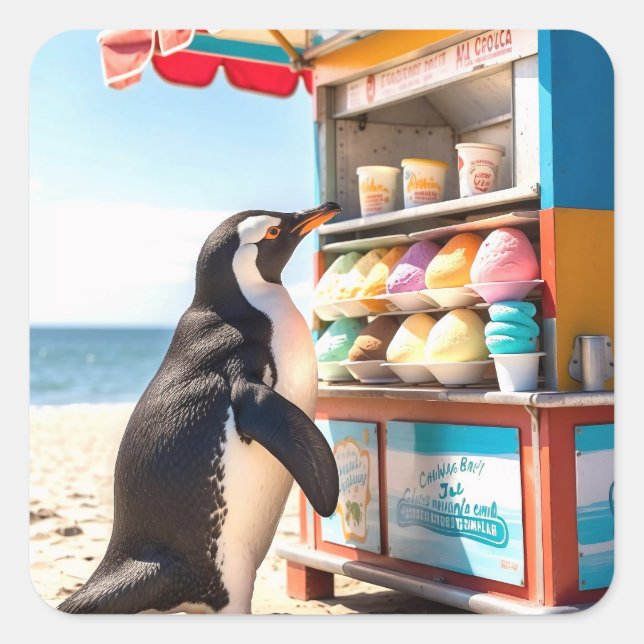 Sticker Carré Pingouin D'Été Au Stand De Crème De Glace (Devant)