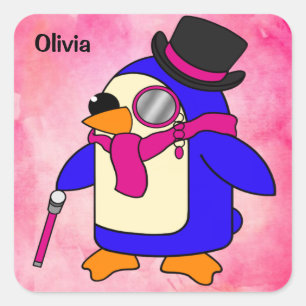 Sticker Carré Pingouin mignon dessin animé rose fleuri