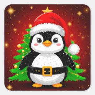 Sticker Carré 🎄 Pingouin Père Noël Arbre de Noël Vacances Amusa