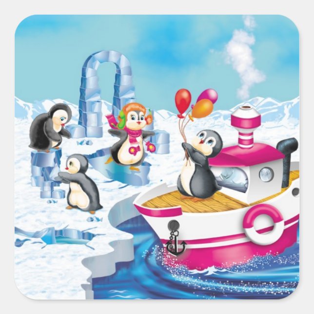 Sticker Carré pingouins en Antarctique (Devant)