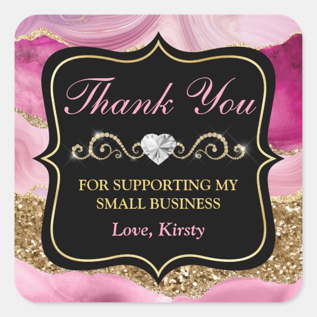 Sticker Carré Pink Agate Geode Slices & Gold Small Business (Devant)