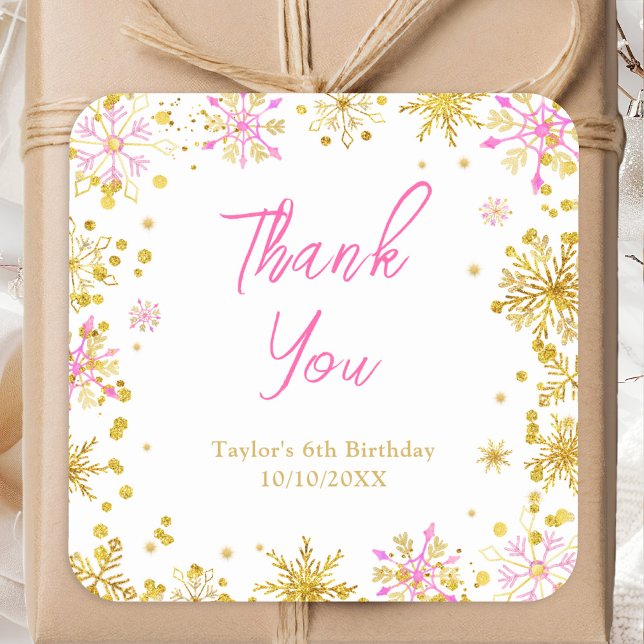 Sticker Carré Pink and Gold Snowflakes Birthday Thank You (Créateur téléchargé)