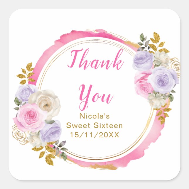 Sticker Carré Pink and Purple Elegant Flowers Sweet Sixteen (Devant)