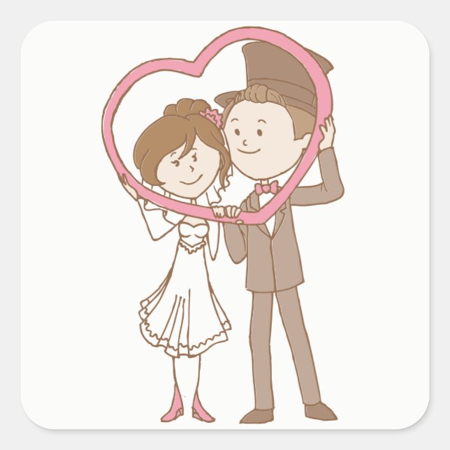 Sticker Carré Pink & Brown Cartoon Bride & Groom Mariage (Devant)