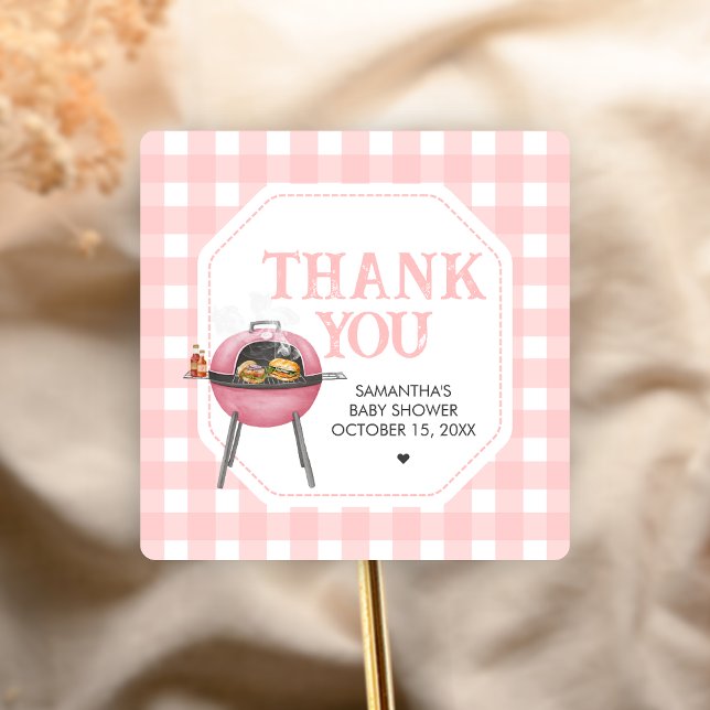 Sticker Carré Pink Burger BBQ Baby Shower (Bun and Burgers Baby Shower Sticker)