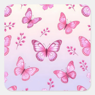 Sticker Carré Pink butterflies and flowers pattern