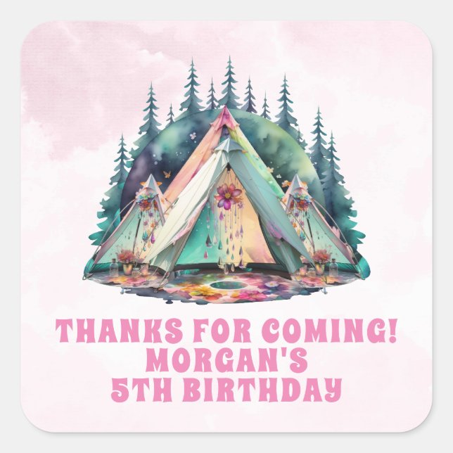 Sticker Carré Pink Camping Sleepover Anniversaire Fête Favoriser (Devant)