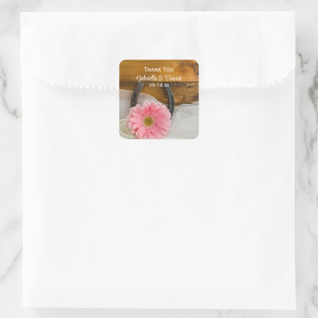 Sticker Carré Pink Daisy et Horseshoe Merci Mariage occidental (Sac)