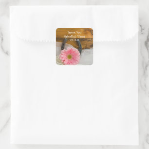 Sticker Carré Pink Daisy et Horseshoe Merci Mariage occidental