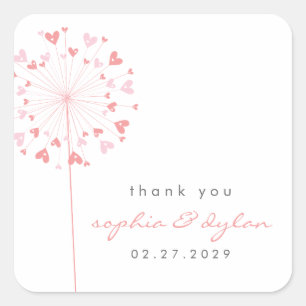 Sticker Carré Pink Dandelion Flower Love Hearts Mariage d'été