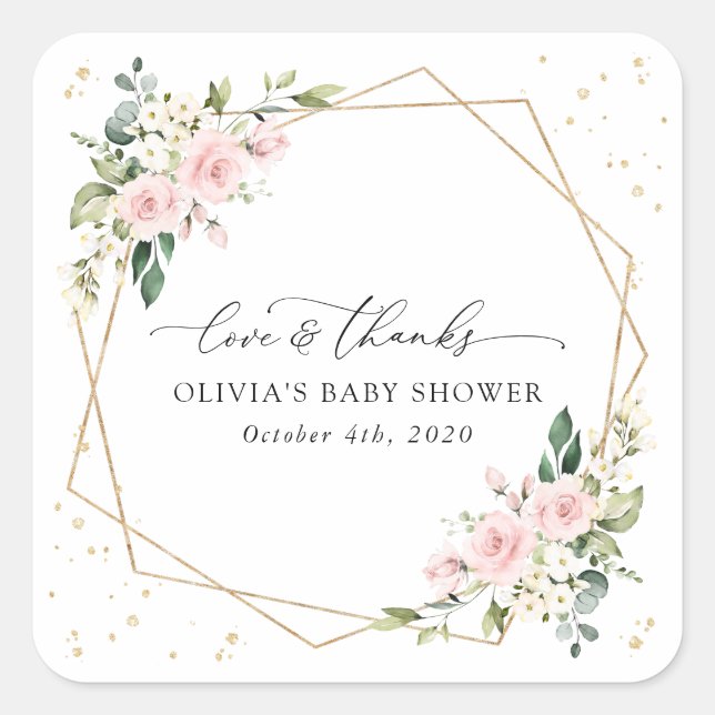 Sticker Carré Pink Flowers, White Flowers, Greenery, Baby Shower (Devant)
