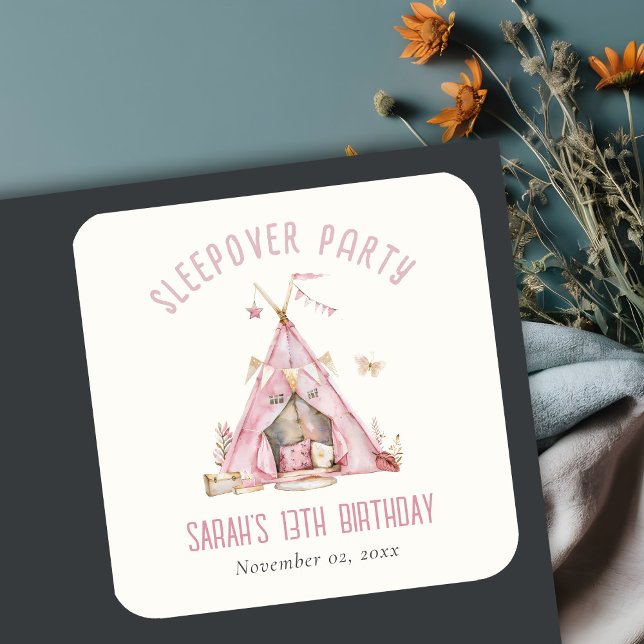 Sticker Carré Pink Girls Tent Slepover Stwood Anniversaire Fête (Créateur téléchargé)