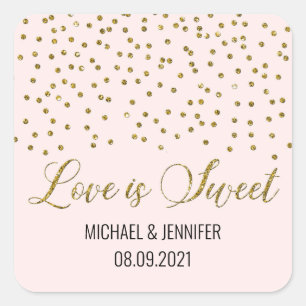 Sticker Carré Pink Gold Confetti Love is Sweet Mariage