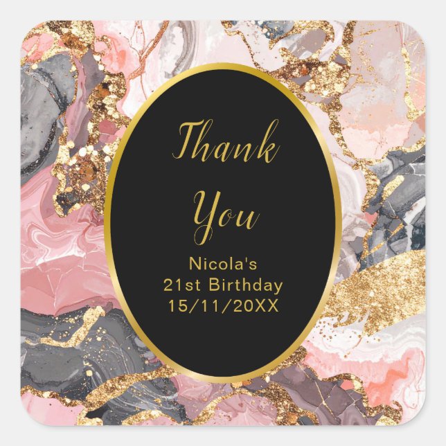 Sticker Carré Pink, Gray and Gold Marble Agate Birthday Party (Devant)