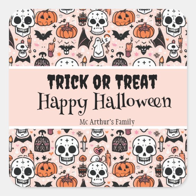Sticker Carré Pink Halloween Tricoter ou traiter Nom de famille  (Devant)