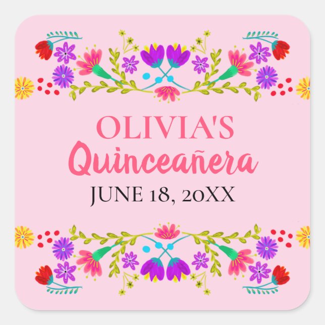 Sticker Carré Pink Mis Quince Anos Fête Mexicaine Floral (Devant)