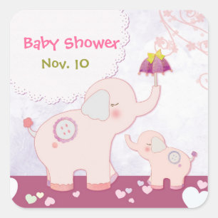 Sticker Carré Pink Mom n Baby Elephants Baby shower