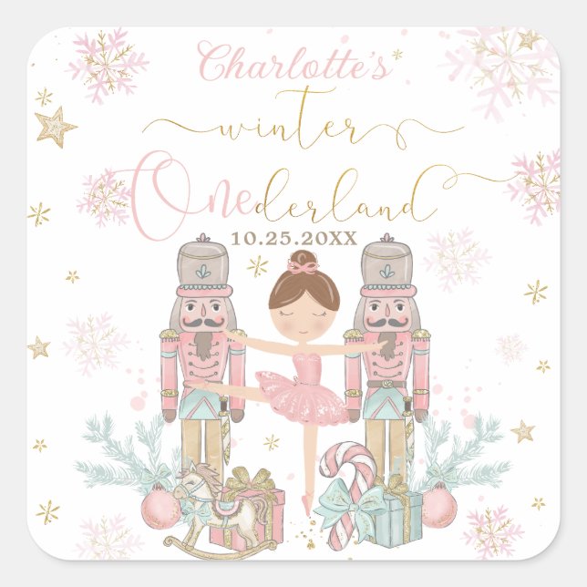 Sticker Carré Pink Nutcracker Winter Onederland 1st Birthday (Devant)